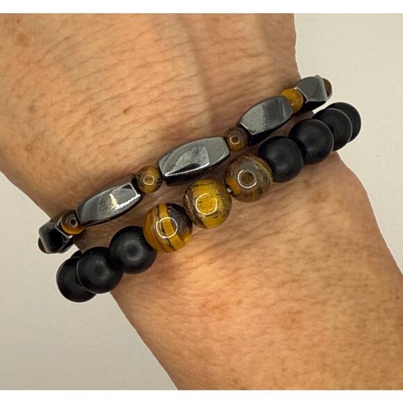 Hematite, Shunghite, and Tiger Eye Natural Stone Beaded Bracelet Duo - Picture 1 of 7